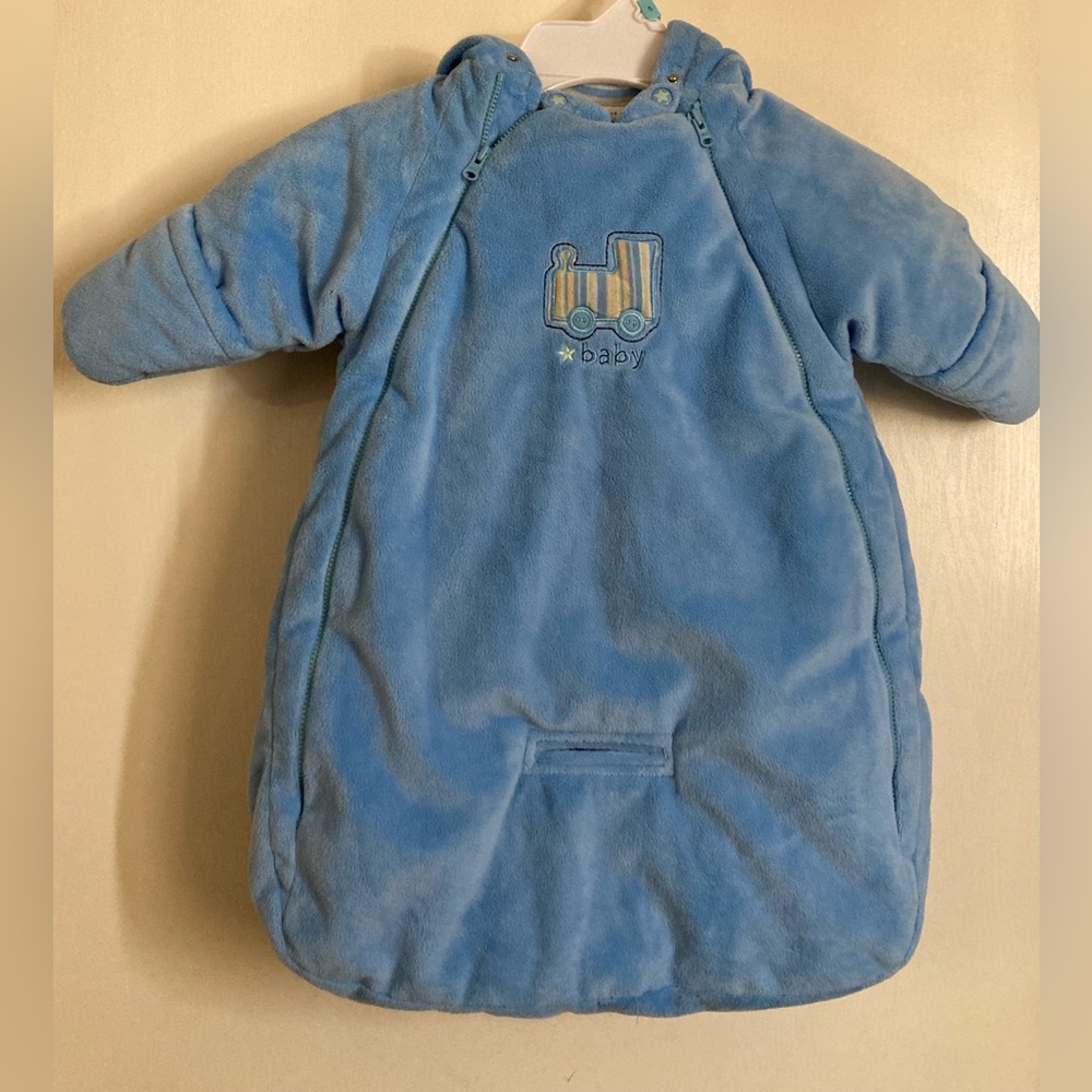 Carter’s Blue Velour Embroidered Train 0/6 Months Hooded Snowsuit
